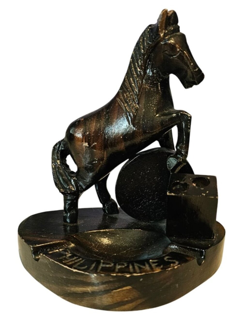 Carved Wood Horse Ashtray Vintage Philippines Souvenir Match Cigarette Holder 6"